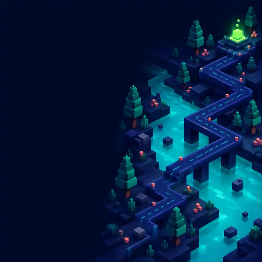 Autorska voxelowa nocna trasa z drogą, turkusową rzeką, drzewami i limonkowym punktem celu