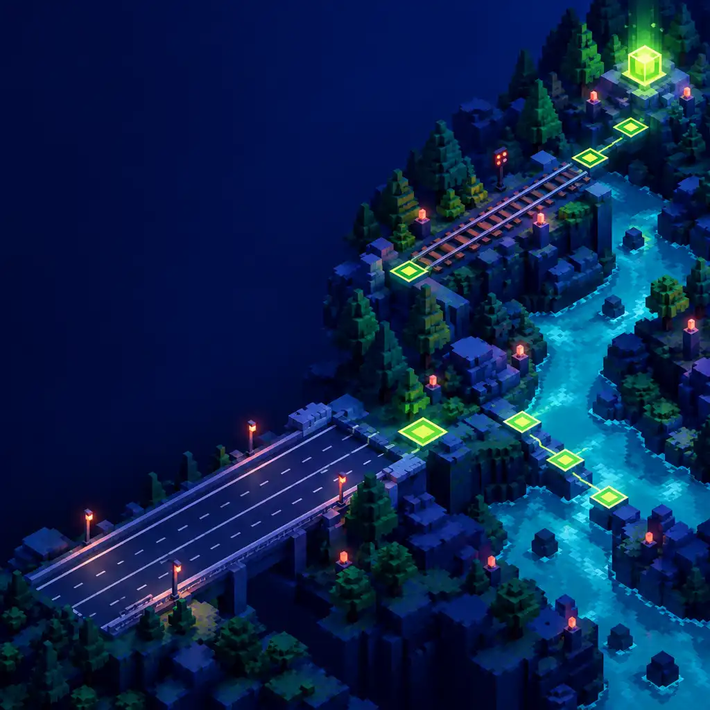 Autorska voxelowa nocna trasa z drogą, torami, rzeką i limonkowym punktem celu