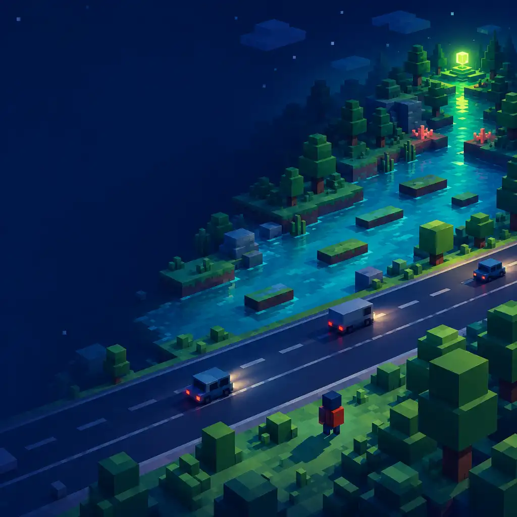 Autorska voxelowa nocna trasa z drogą, rzeką, drzewami i limonkowym punktem celu.
