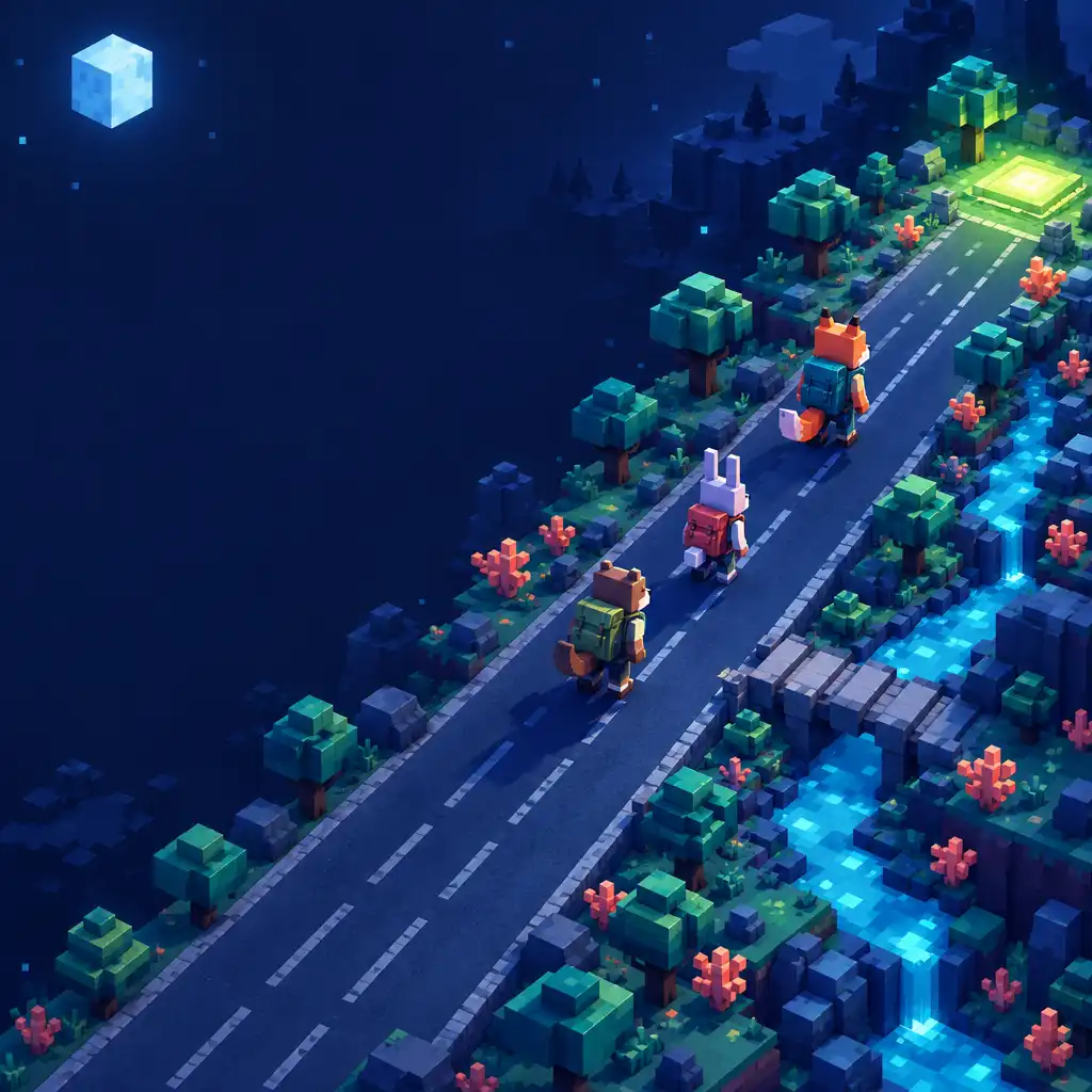Autorska voxelowa nocna trasa z drogą, rzeką i trzema blokowymi sylwetkami zwierzęcych podróżników