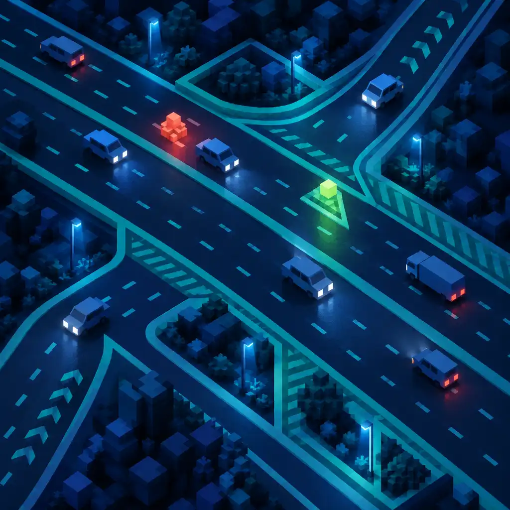 Autorska voxelowa wielopasmowa droga z bezpiecznymi polami między pasami