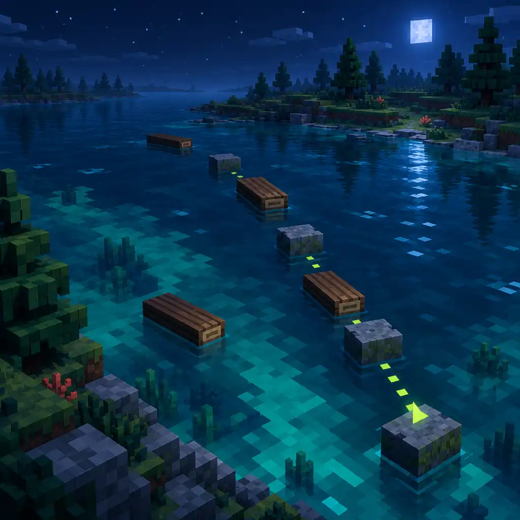 Autorska voxelowa nocna rzeka z kłodami i blokami tworzącymi kolejne kroki