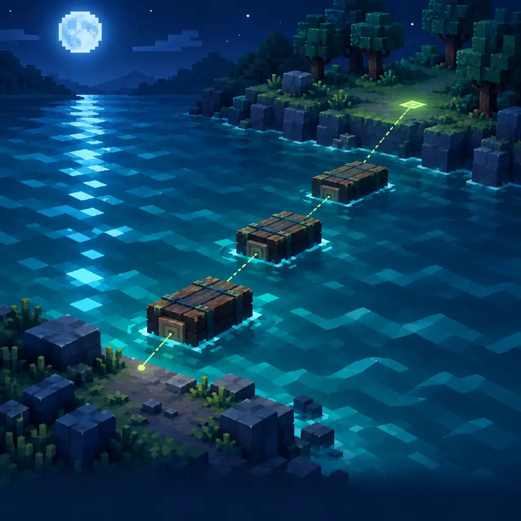 Autorska voxelowa diorama nocnej przeprawy przez rzekę z trzema oddzielonymi przejściami i linią wzroku