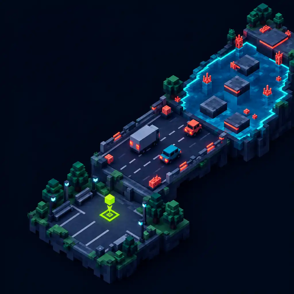 Autorska voxelowa trasa treningowa z polem postoju, pasem ruchu, wodą i limonkowym znacznikiem decyzji