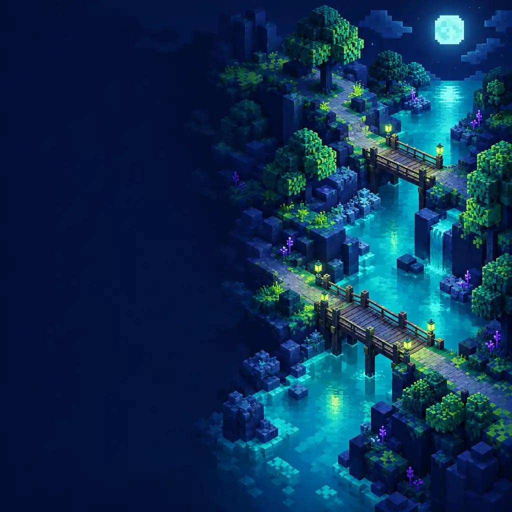 Autorski voxelowy krajobraz z drogą, turkusową wodą, drewnianą przeprawą i blokowymi drzewami