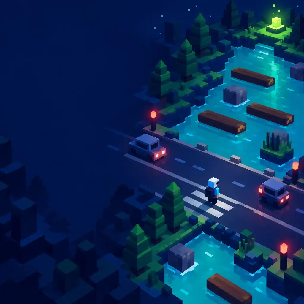 Autorska voxelowa nocna trasa z drogą, rzeką i limonkowym punktem celu
